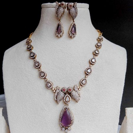 Handmade Brass Metal Jewellery Purple Peacock Necklace Set